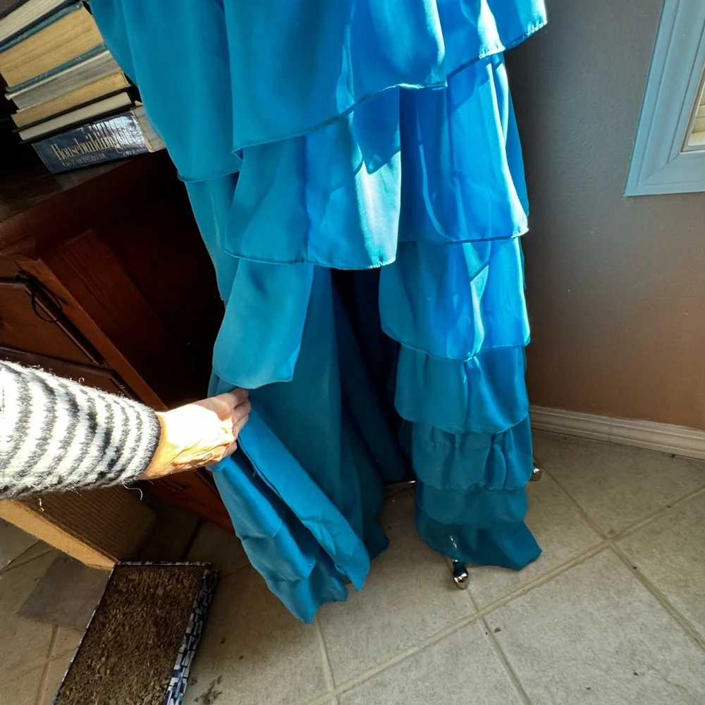 Strapless Blue Ruffled Gown - Picture 2 of 7